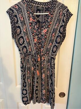 Angie Navy Floral Tie-Front Midi Dress with Coral Accents